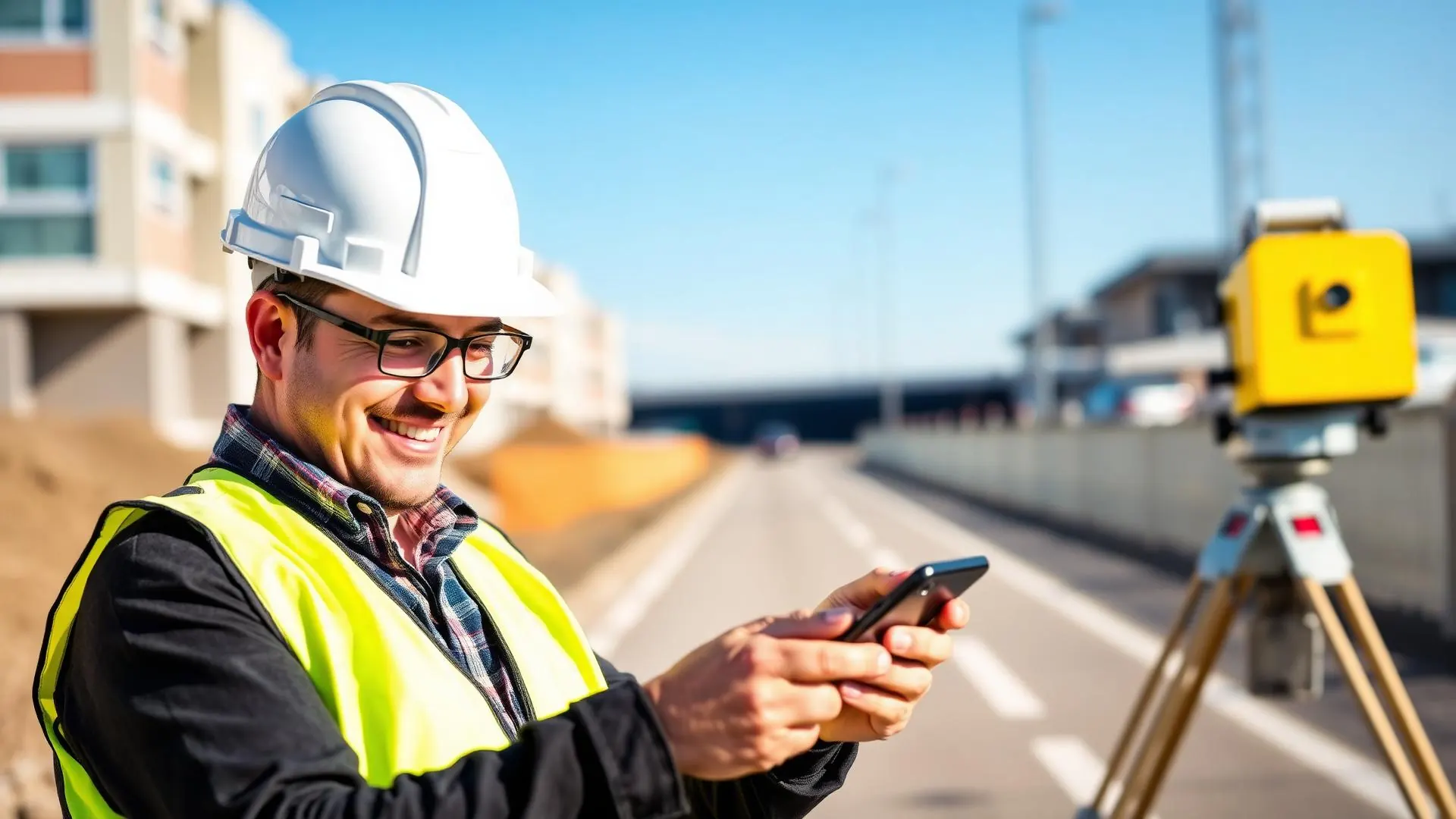 Vermesser mit Smartphone auf Baustelle
