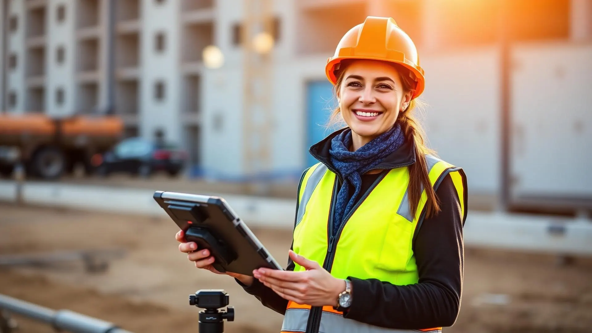 Vermesserin mit Tablet auf Baustelle – Nachflug-Dokumentation