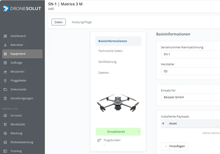 Dronesolut Software – Equipment verwalten